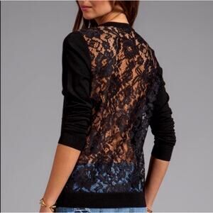 Theory Black Merino Wool Sweater Floral Lace Back Long Sleeve Size SP
